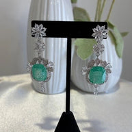 Mint Green CZ Silver Tone Drop Earrings Pakistani Indian Statement Jewelry