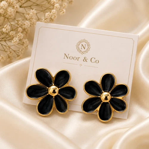 Flower Stud Earrings Gold Tone – Black, White & Mint Green