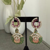 Luxury Pink & Green Statement Earrings | Pakistani Jewelry | Bridal Earrings