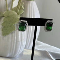 Emerald Green CZ Rectangle Stud Earrings Silver Tone Party Jewelry