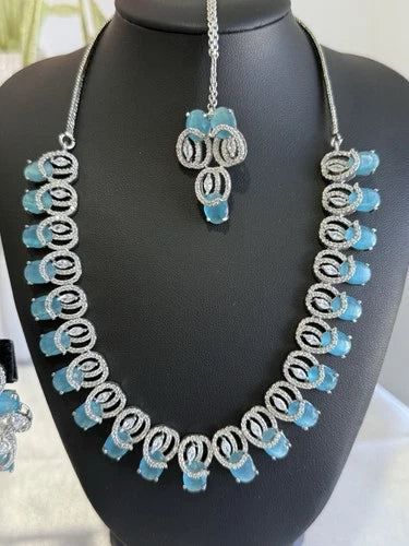 Aqua Blue CZ Necklace Earrings Tikka Set Silver Tone Pakistani Jewelry