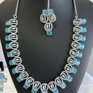 Aqua Blue CZ Necklace Earrings Tikka Set Silver Tone Pakistani Jewelry