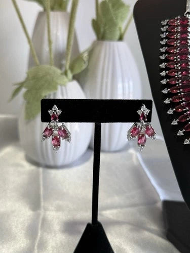 Ruby Pink CZ Necklace & Earrings Set Silver Tone Pakistani Jewelry
