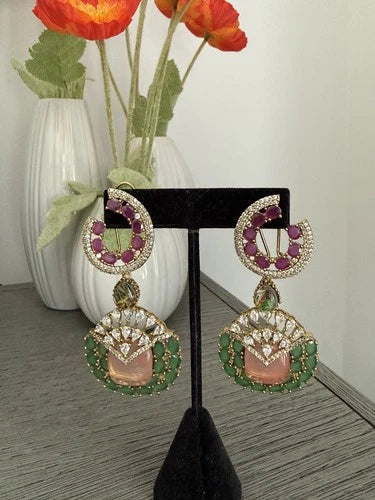 Luxury Pink & Green Statement Earrings | Pakistani Jewelry | Bridal Earrings