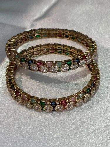 Multicolor CZ Flower Gold Tone Bangle Set Size 2.10 Indian Pakistani Jewelry