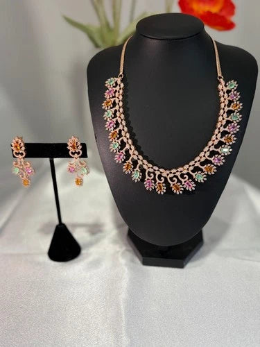 Rose Gold Multicolor CZ Necklace Earrings Set Indian Pakistani Bridal Jewelry