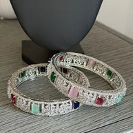 Multicolor CZ Silver Tone Bangle Bracelet Set of 2 Indian Pakistani Jewelry 2.10