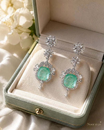 Mint Green CZ Silver Tone Drop Earrings Pakistani Indian Statement Jewelry