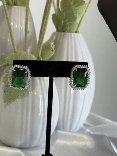 Emerald Green CZ Rectangle Stud Earrings Silver Tone Party Jewelry