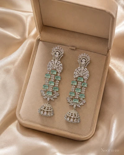 Mint Green CZ Silver Tone Chandelier Jhumka Earrings Pakistani Indian Jewelry