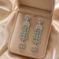 Mint Green CZ Silver Tone Chandelier Jhumka Earrings Pakistani Indian Jewelry
