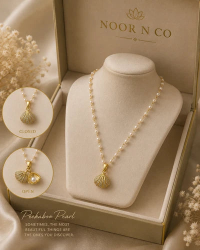 Gold Tone Shell Locket Necklace Pearl Look Hidden Pendant