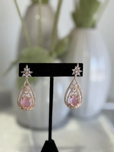Baby Pink CZ Teardrop Earrings Rose Gold Tone Party Jewelry