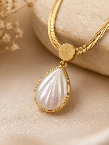 Gold Tone Teardrop Pendant Necklace Iridescent Pearl Look Statement Jewelry