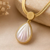 Gold Tone Teardrop Pendant Necklace Iridescent Pearl Look Statement Jewelry