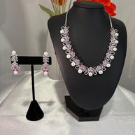Pink Pearl CZ Silver Tone Necklace Earrings Set Indian Pakistani Bridal Jewelry