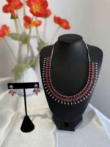 Ruby Pink CZ Necklace & Earrings Set Silver Tone Pakistani Jewelry