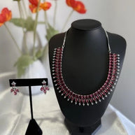 Ruby Pink CZ Necklace & Earrings Set Silver Tone Pakistani Jewelry