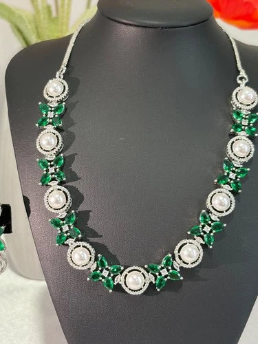 Emerald Green Pearl CZ Silver Tone Necklace Earrings Set