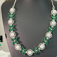 Emerald Green Pearl CZ Silver Tone Necklace Earrings Set