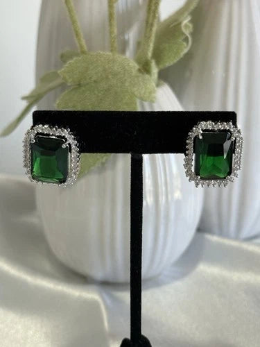 Emerald Green CZ Rectangle Stud Earrings Silver Tone Party Jewelry