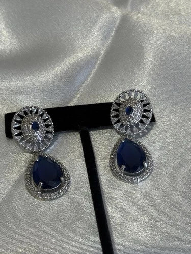 Sapphire Blue CZ Teardrop Earrings Silver Tone Party Jewelry