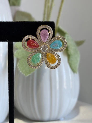 Multicolor Flower CZ Gold Tone Stud Earrings Pakistani Indian Jewelry