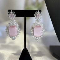 Pink CZ Necklace Earrings Tikka Set Silver Tone Pakistani Indian Jewelry