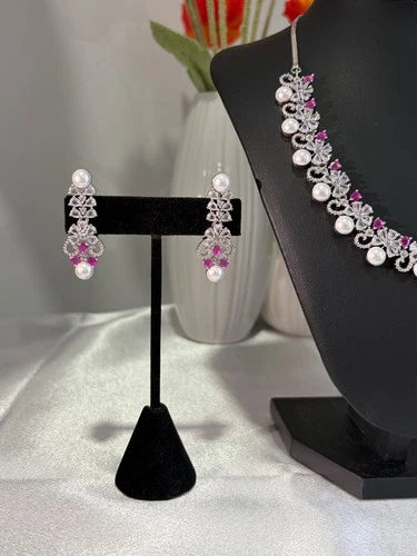 Pink Pearl CZ Silver Tone Necklace Earrings Set Indian Pakistani Bridal Jewelry
