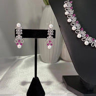 Pink Pearl CZ Silver Tone Necklace Earrings Set Indian Pakistani Bridal Jewelry