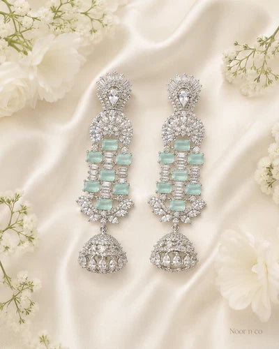 Mint Green CZ Silver Tone Chandelier Jhumka Earrings Pakistani Indian Jewelry