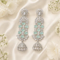 Mint Green CZ Silver Tone Chandelier Jhumka Earrings Pakistani Indian Jewelry