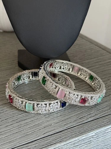 Multicolor CZ Silver Tone Bangle Bracelet Set of 2 Indian Pakistani Jewelry 2.10