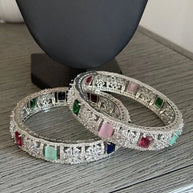 Multicolor CZ Silver Tone Bangle Bracelet Set of 2 Indian Pakistani Jewelry 2.10