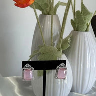 Baby Pink CZ Rectangle Stud Earrings Silver Tone Party Jewelry
