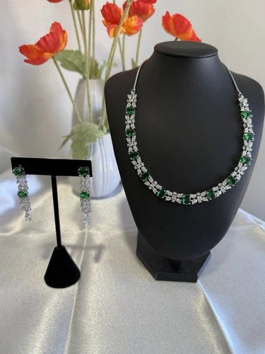 Emerald Green CZ Necklace & Earrings Set Silver Tone Wedding Jewelry