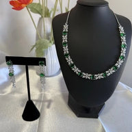 Emerald Green CZ Necklace & Earrings Set Silver Tone Wedding Jewelry