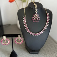 Pink CZ Gold Tone Necklace Earrings Tikka Set Indian Pakistani Bridal Jewelry