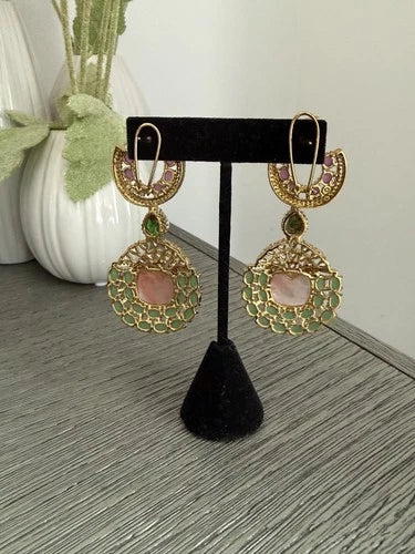 Luxury Pink & Green Statement Earrings | Pakistani Jewelry | Bridal Earrings