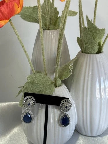 Sapphire Blue CZ Teardrop Earrings Silver Tone Party Jewelry