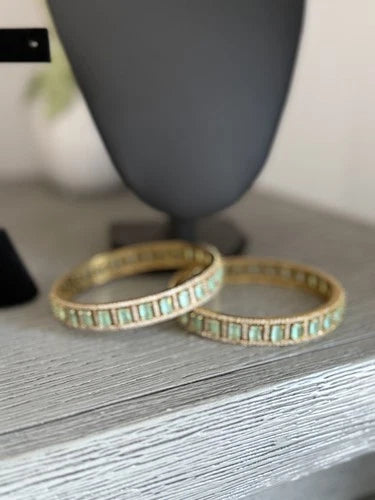 Mint Green CZ Gold Tone Bangle Bracelet Set of 2 Indian Pakistani Jewelry 2.10