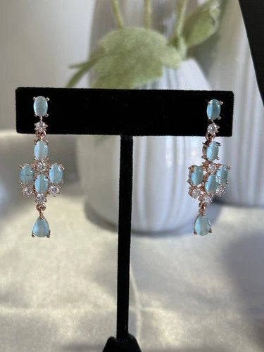 Aqua Blue Crystal Necklace & Earrings Set Rose Gold Tone Jewelry