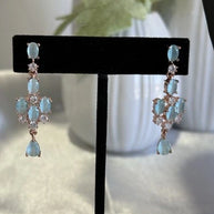 Aqua Blue Crystal Necklace & Earrings Set Rose Gold Tone Jewelry