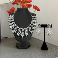 Emerald Green CZ Crystal Silver Necklace Earrings Set Indian Bridal Jewelry