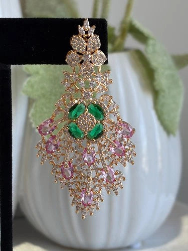 Green Pink CZ Gold Tone Chandelier Earrings Pakistani Indian Bridal Jewelry
