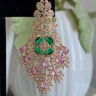 Green Pink CZ Gold Tone Chandelier Earrings Pakistani Indian Bridal Jewelry