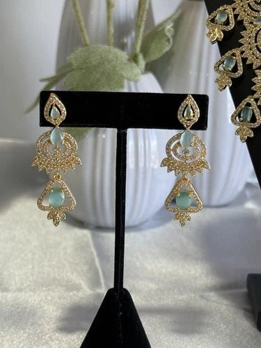 Mint Green CZ Necklace & Earrings Set Silver Tone Pakistani Jewelry
