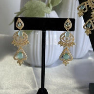 Mint Green CZ Necklace & Earrings Set Silver Tone Pakistani Jewelry