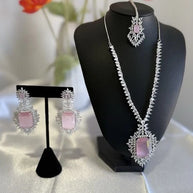 Pink CZ Necklace Earrings Tikka Set Silver Tone Pakistani Indian Jewelry