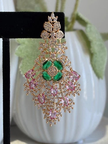 Green Pink CZ Gold Tone Chandelier Earrings Pakistani Indian Bridal Jewelry